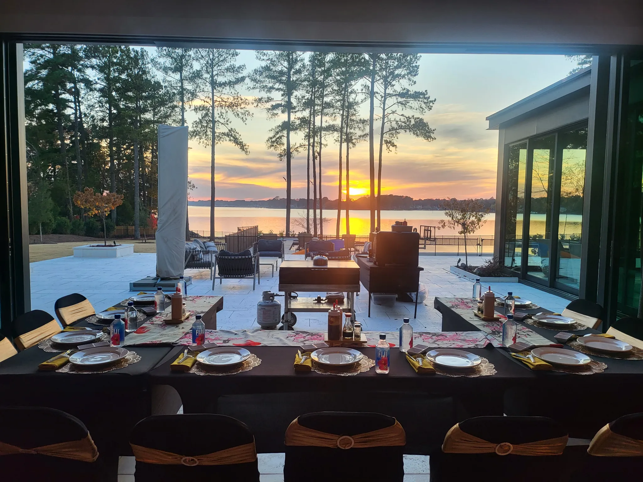 Private teppanyaki event setup with tables and chairs
