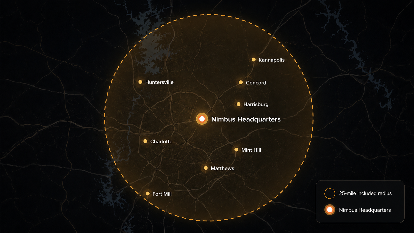 Nimbus Teppanyaki 25-mile included travel service radius map